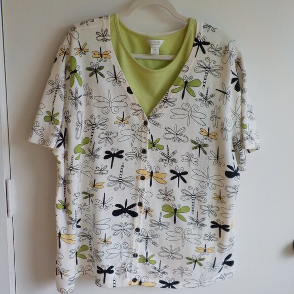 CJ Bank - Sweater Set - Short Sleeve - Dragonfly - White Green - Size 2X  (431) - Picture 1 of 6